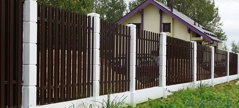 Забор из штакетника с бетонными столбами и плитами  - Изображение #1, Объявление #1484547