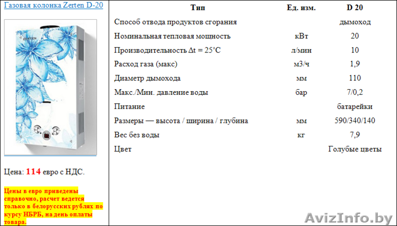 Газовая колонка Zerten D-20 - Изображение #2, Объявление #1510669